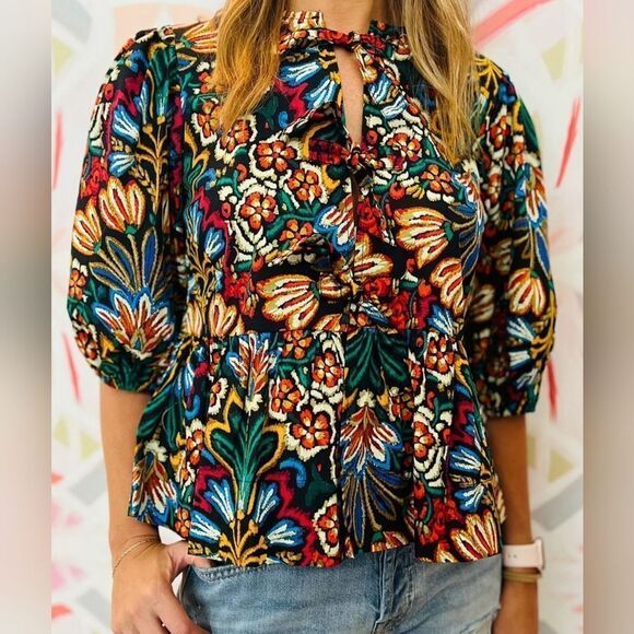 Blue and Red Peplum Blouse with Puff Sleeves Floral w Front Tie - Picture 4 of 12